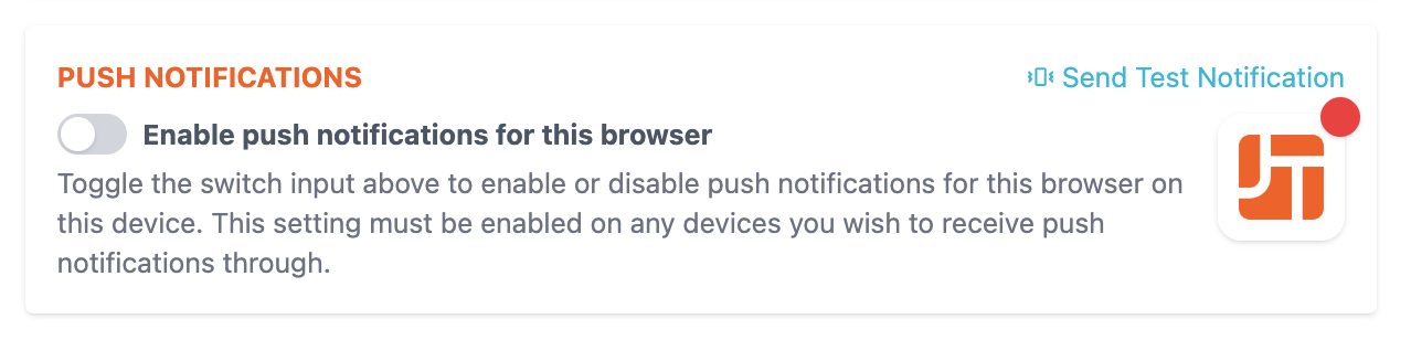 The Push Notifications panel in your Profile, with the enable toggle and the Send Test Notification link.
