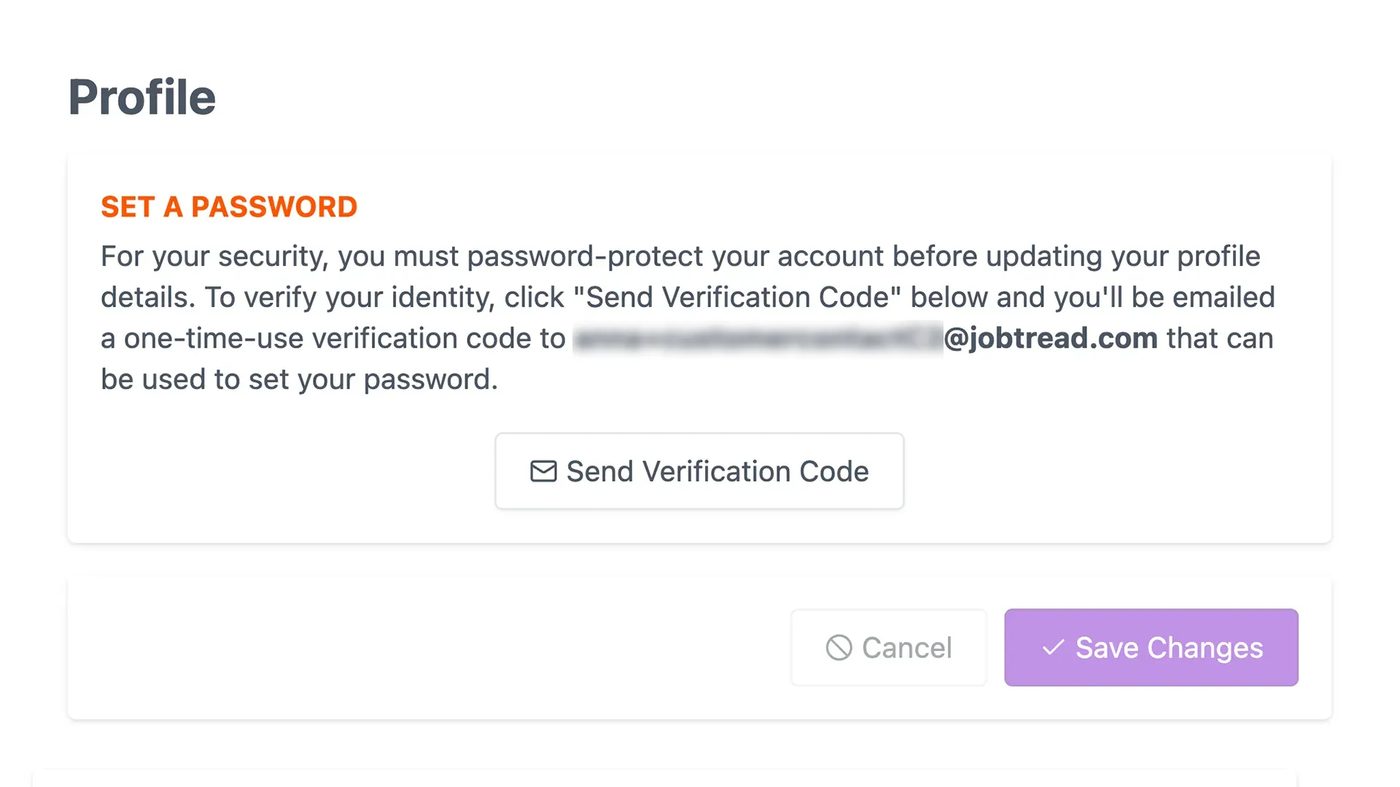 The Profile screen showing the Set a Password section and the Send Verification Code button.