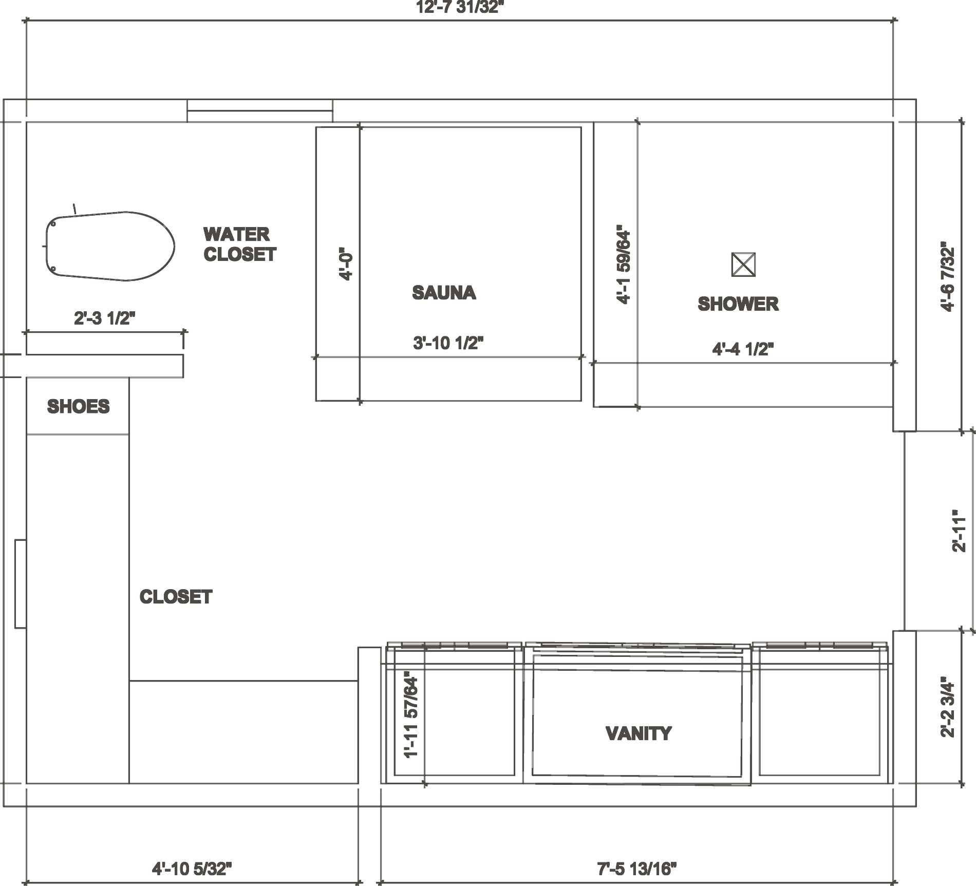 Floor plan of the primary bath, showing the closet, water closet, sauna, shower and vanity with dimensions